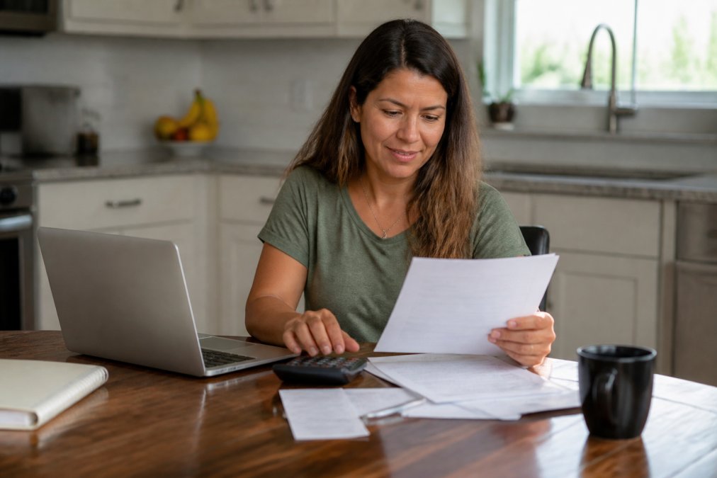 A Florida homeowner reviewing insurance documents at a kitchen table with a laptop and calculator, looking focused and relieved