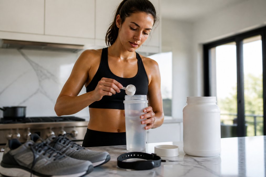 A female runner in athletic wear filling a water bottle with a scoop of white supplement powder at a bright kitchen counter, training shoes and a heart rate monitor visible in the foreground