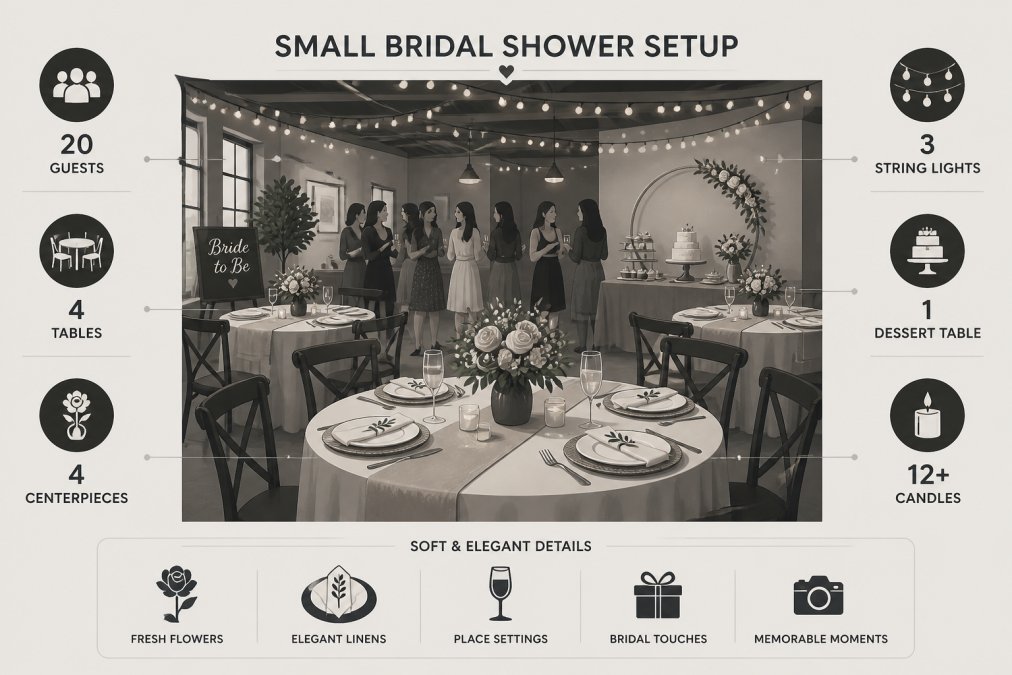 Small bridal shower setup with decorated tables featuring fresh flowers in soft pastel arrangements, place settings with elegant linens, and guests mingling in warm lighting in an intimate venue space with string lights overhead and a dessert table visible in the background