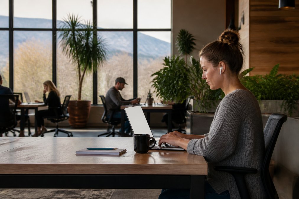 Remote worker sitting at desk in bright modern coworking space with large windows, laptop open, coffee cup nearby, and colleagues visible in background working at their own stations