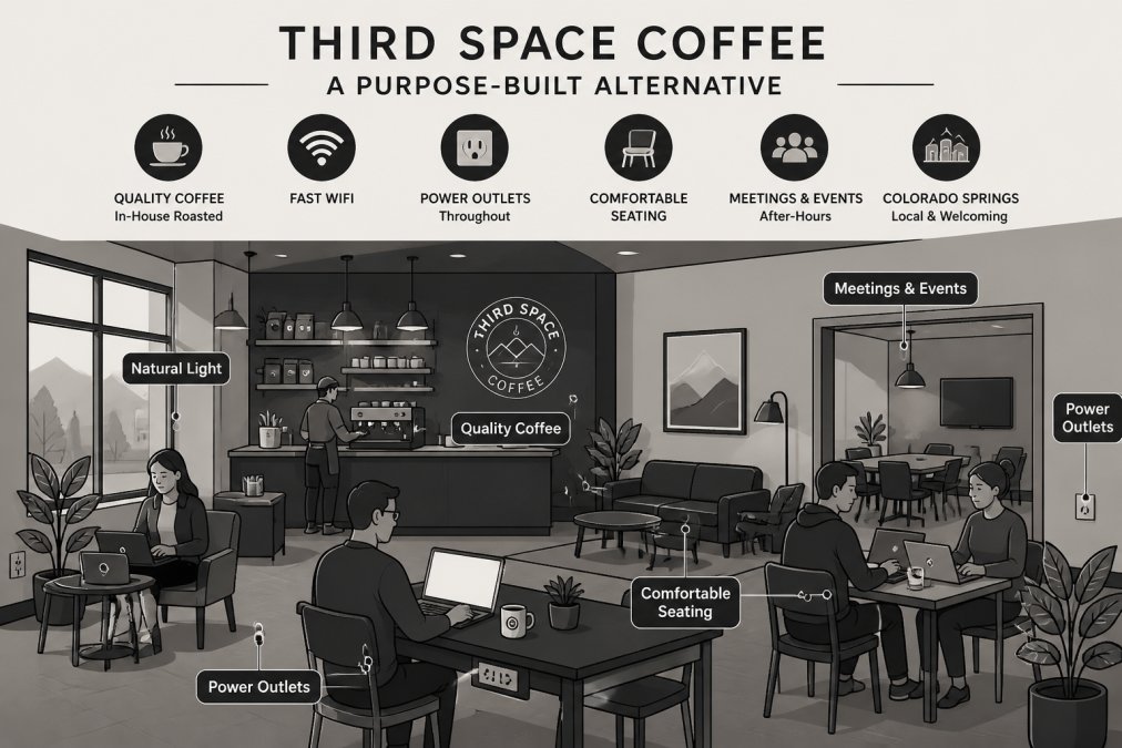 Warm, welcoming interior of Third Space Coffee with comfortable seating areas, customers working on laptops at tables with visible power outlets on walls, coffee bar in background, and soft natural and ambient lighting creating productive atmosphere