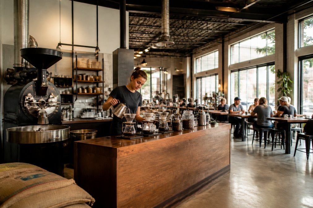 Interior of a specialty coffee roastery with large roasting equipment visible, barista preparing pour-over coffee at wooden counter, customers seated at communal tables with natural light streaming through large windows