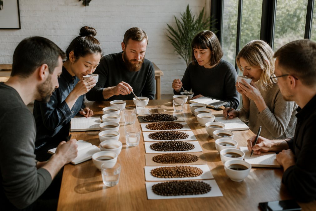 A group of six coffee enthusiasts gathered around a wooden table with multiple white cupping bowls filled with different coffee samples, notebooks and pens for tasting notes, small piles of roasted beans from each roaster arranged in labeled sections, and natural afternoon light streaming through windows