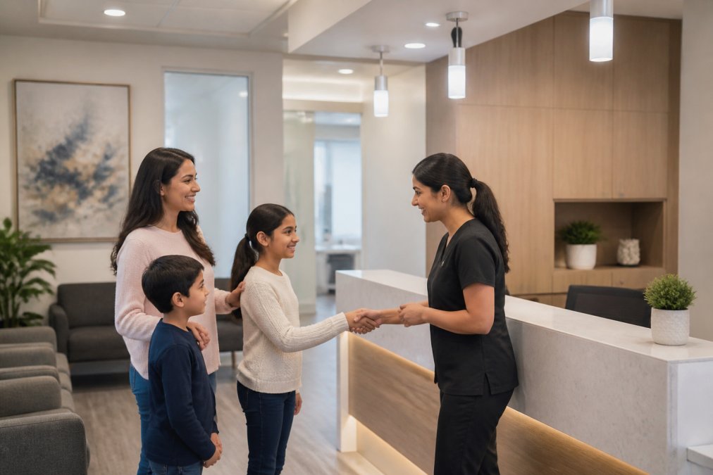 Welcoming dental reception area with soft lighting, comfortable family seating, friendly staff greeting a parent and two children, modern but warm décor