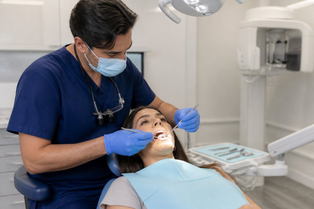 Dentist in modern clinical setting examining patient in dental chair with digital imaging technology and contemporary equipment visible, professional lighting
