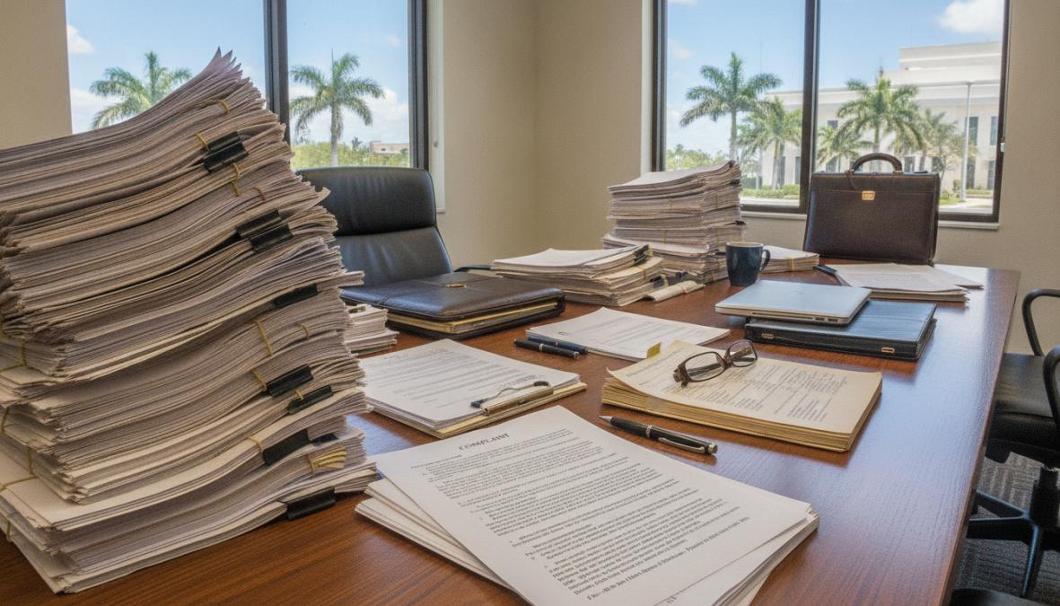 Civil attorney reviewing contract documents with client at desk in law office, legal papers and laptop visible, natural office lighting