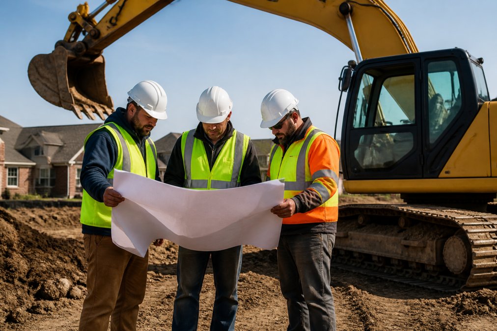 A construction crew in hard hats and safety vests reviewing blueprints beside an excavator on a residential site in Chesterfield, Michigan, on a bright afternoon