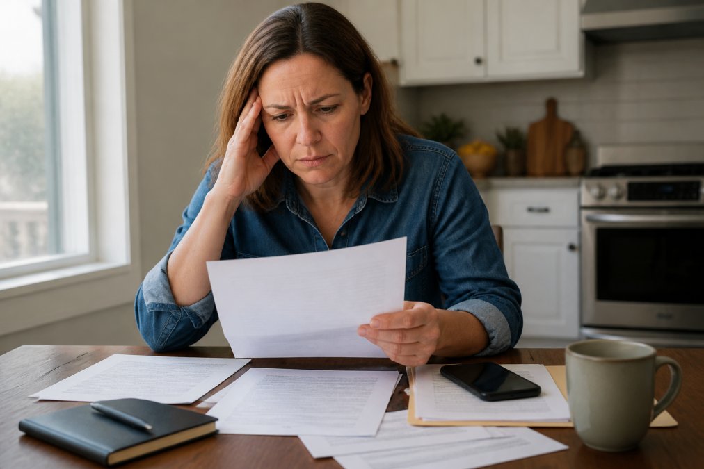 A person sitting at a kitchen table reviewing a formal letter with a concerned expression, a phone nearby and legal documents spread out, soft natural light from a window