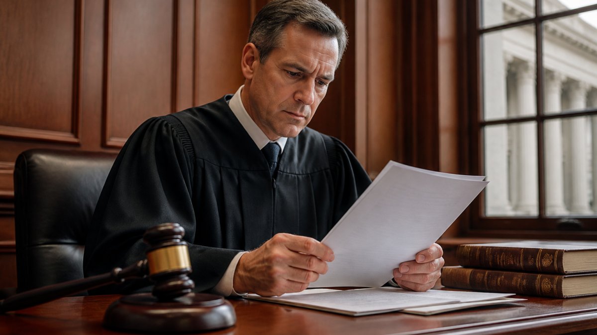 Professional judge in robes reviewing legal documents at a wooden desk with a gavel and law books visible, courthouse window showing judicial authority