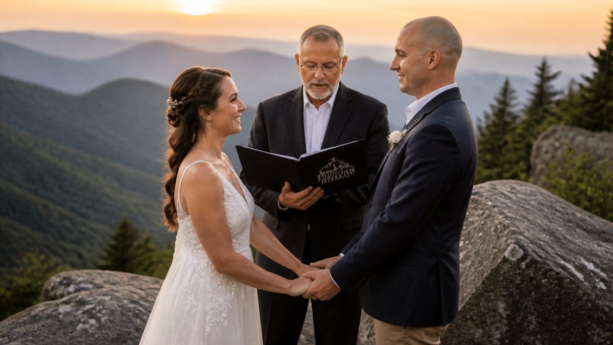 Couple exchanging vows outdoors at a scenic mountain overlook with golden hour lighting, showing an intimate elopement setting with natural landscape backdrop
