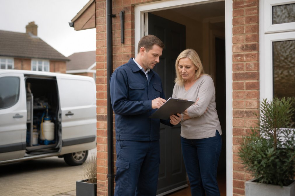 A homeowner and a pest control technician in uniform reviewing a clipboard together at the front door of a British home, with a branded van visible in the driveway