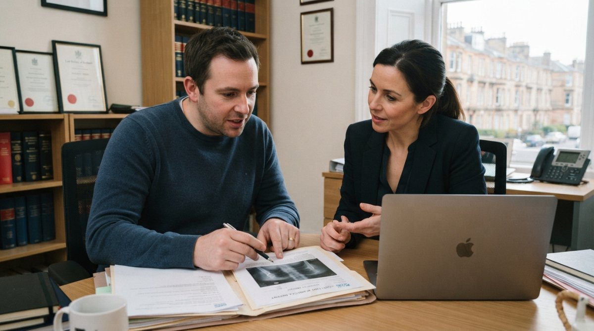 Person sitting at desk with laptop and medical documents, reviewing paperwork related to a road traffic accident claim in a bright home office