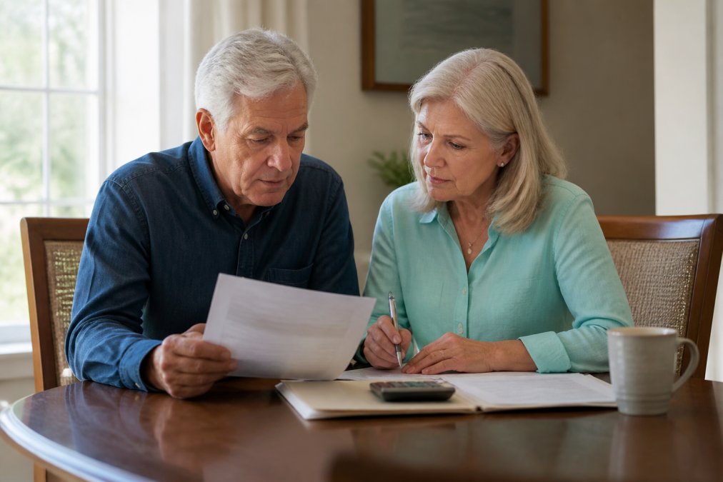 Mature couple reviewing retirement documents and financial statements together at a home office desk with a laptop and notepad, natural window lighting