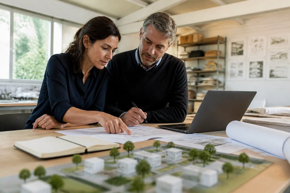 An architect and a property developer reviewing site plans and a laptop on a large table in a bright studio, a scaled site plan and notebook visible in the foreground