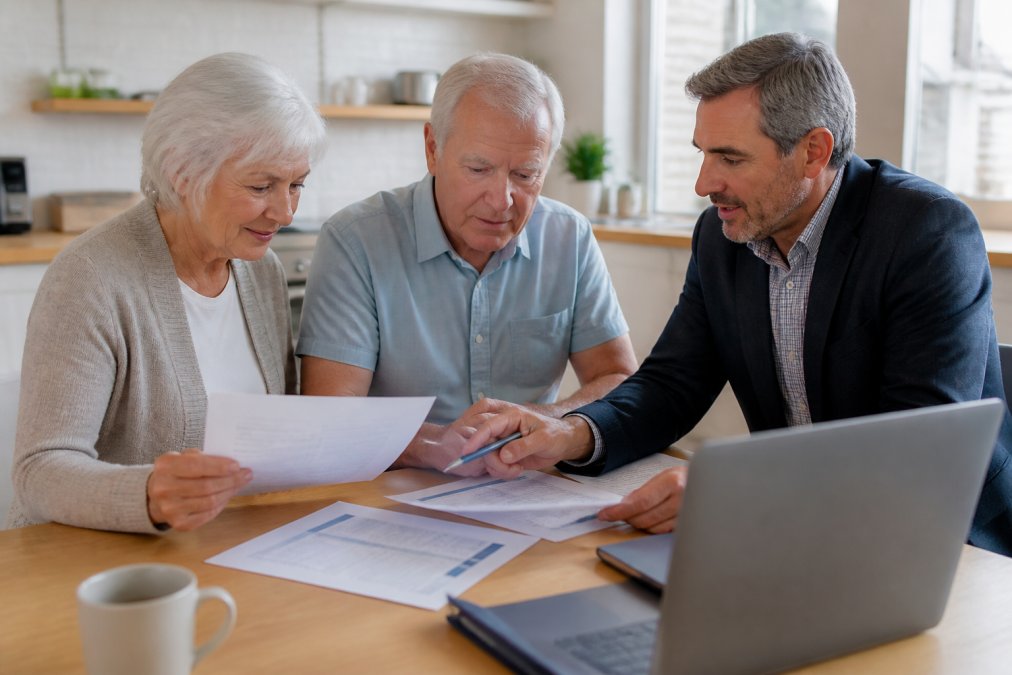 A senior couple sitting at a kitchen table reviewing Medicare plan documents with a friendly advisor, warm natural light, papers and a laptop on the table