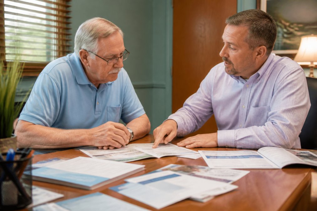 Senior meeting with licensed Medicare broker at desk reviewing plan documents together in warm professional office setting with natural lighting