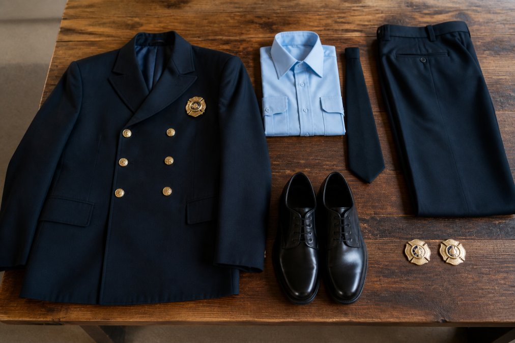 A firefighter's Class A dress uniform laid out neatly on a wooden surface, showing the dress coat, long-sleeve shirt, four-in-hand tie, trousers, dress shoes, and collar brass arranged in an orderly display