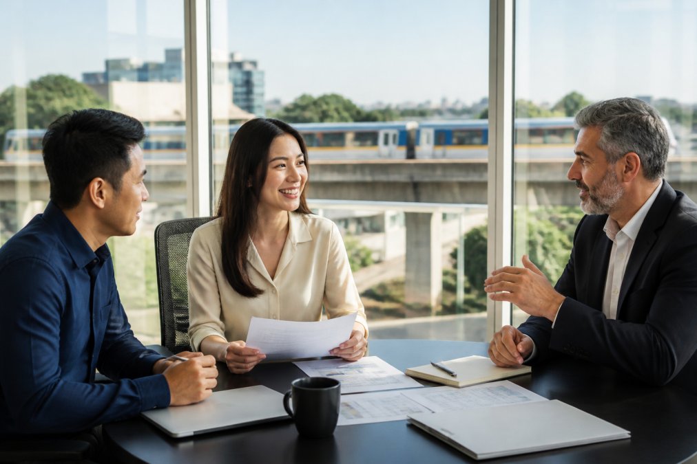 A small team of professionals collaborating around a table in a bright modern office with floor-to-ceiling windows, natural light flooding the room and a SkyTrain line visible through the glass