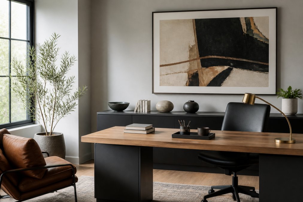 A well-lit modern office with a large framed abstract print on a neutral wall, a sleek desk, and a comfortable chair, showing a balanced and professional workspace