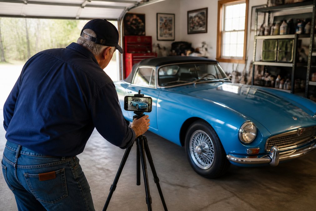 Classic car owner photographing a well-maintained vintage vehicle from multiple angles in natural daylight, documenting condition with a smartphone and tripod in a clean garage setting