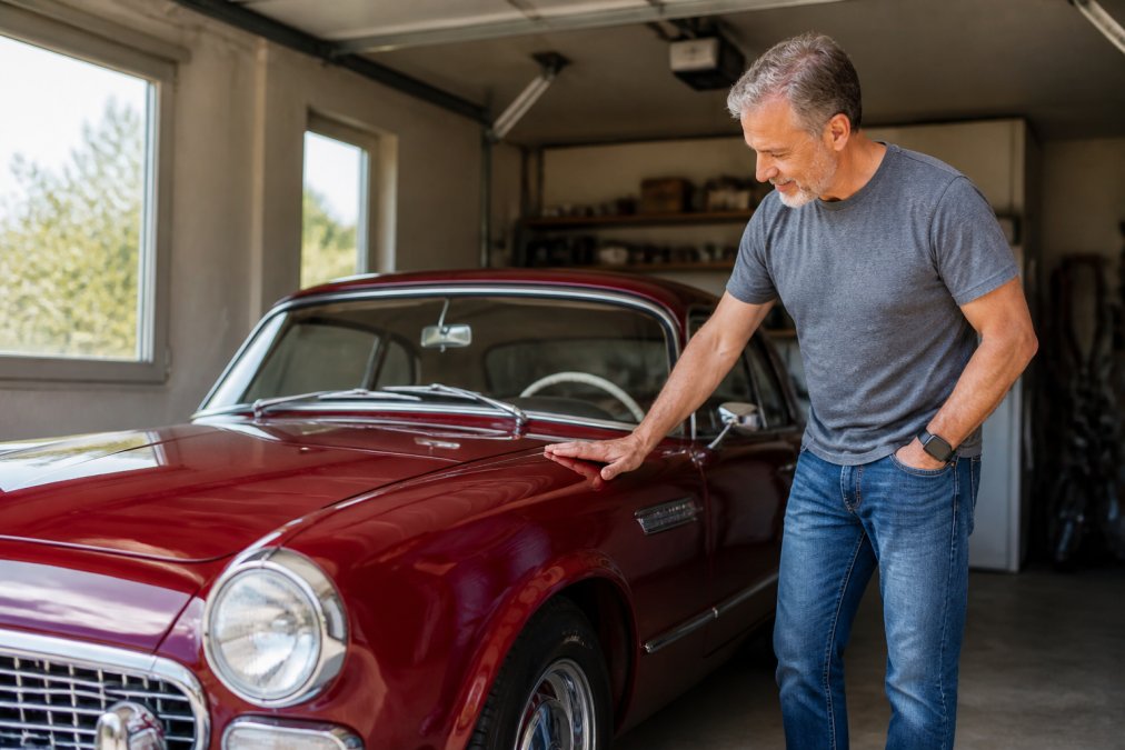 Owner standing beside a well-maintained vintage car in a garage, examining the vehicle with pride and running a hand along the polished hood in natural light
