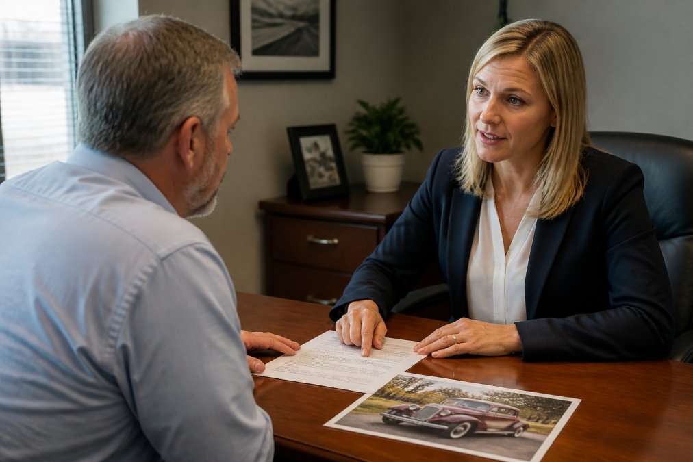 Insurance agent meeting with customer at desk in professional office, reviewing policy documents and discussing coverage options with a classic car photo visible on the desk