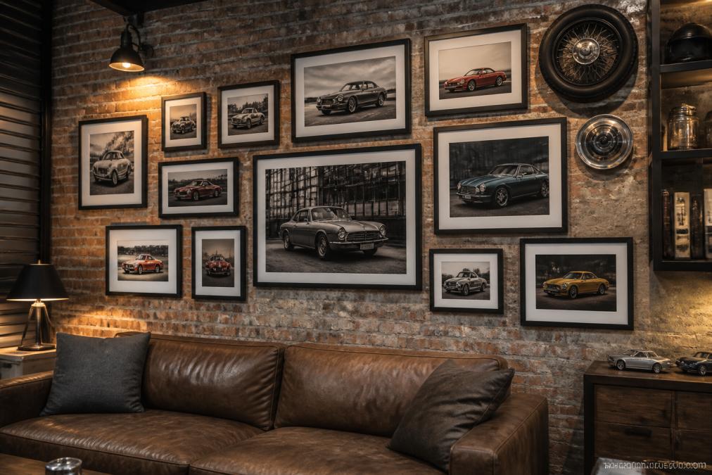 Professional man cave wall displaying a mixed gallery of framed classic car prints in various sizes arranged in an asymmetrical layout, with vintage automotive memorabilia including a vintage sign, warm ambient lighting highlighting the collection, and exposed brick or garage-style wall