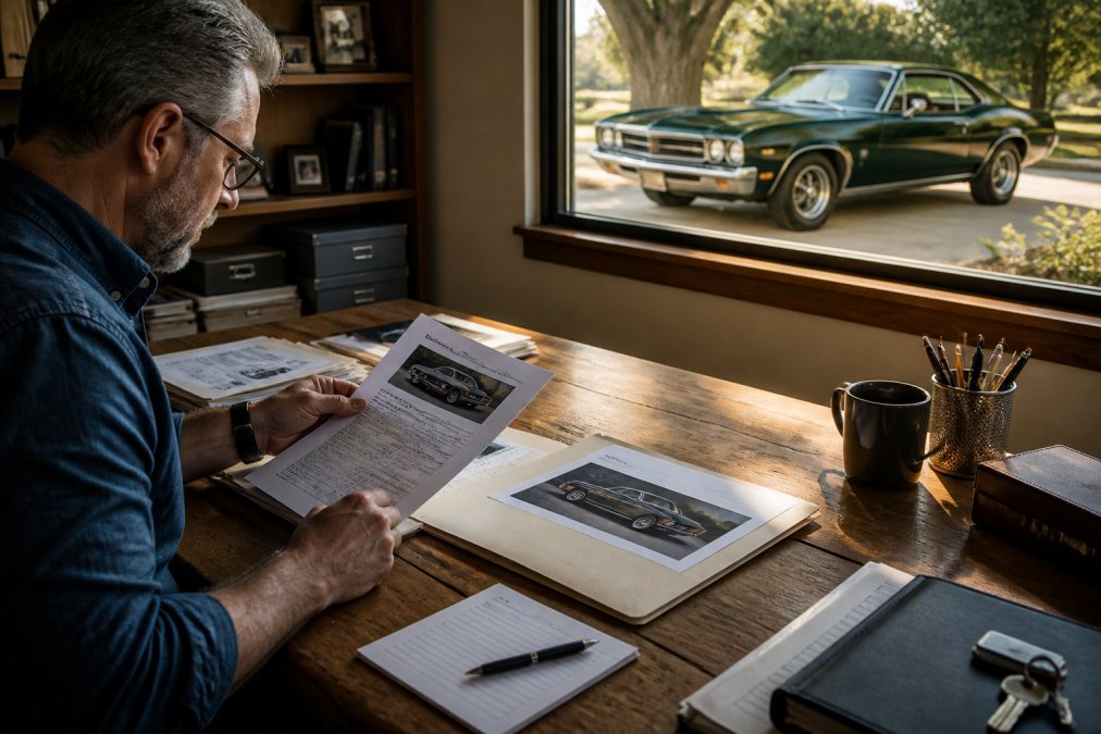 Classic car owner reviewing insurance documents and appraisal paperwork at a wooden desk with a vintage 1960s muscle car visible through the window in the background, natural afternoon lighting