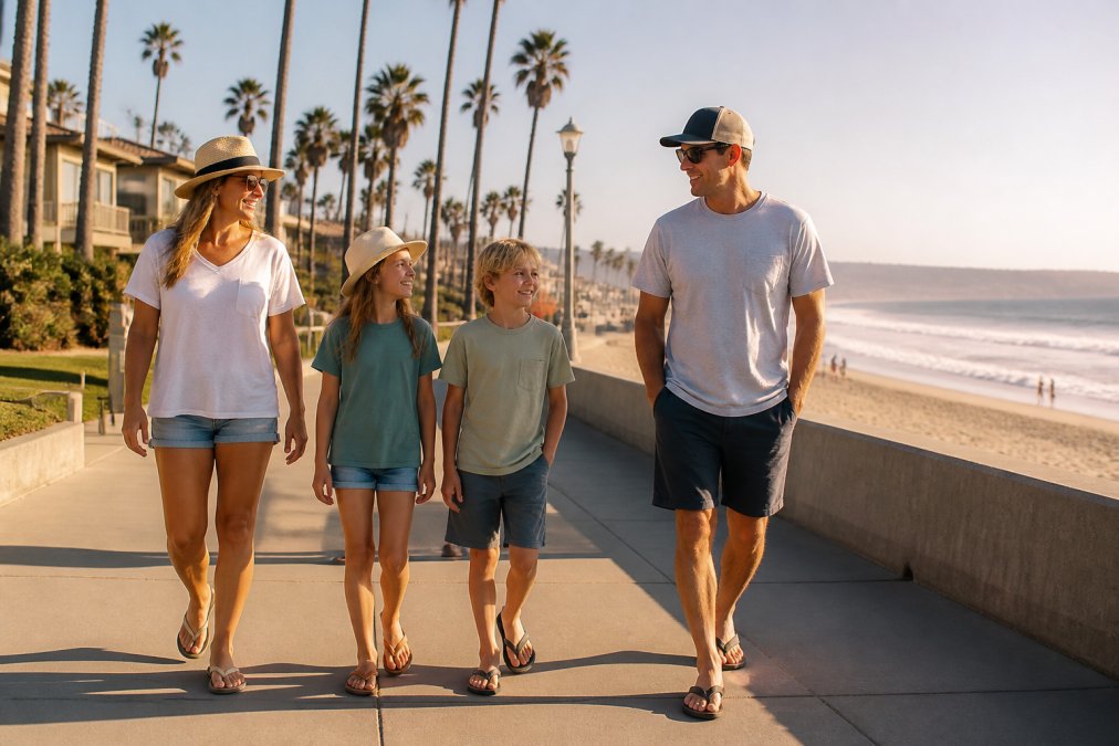 Family walking on a Southern California boardwalk at golden hour wearing relaxed coastal clothing and sun hats