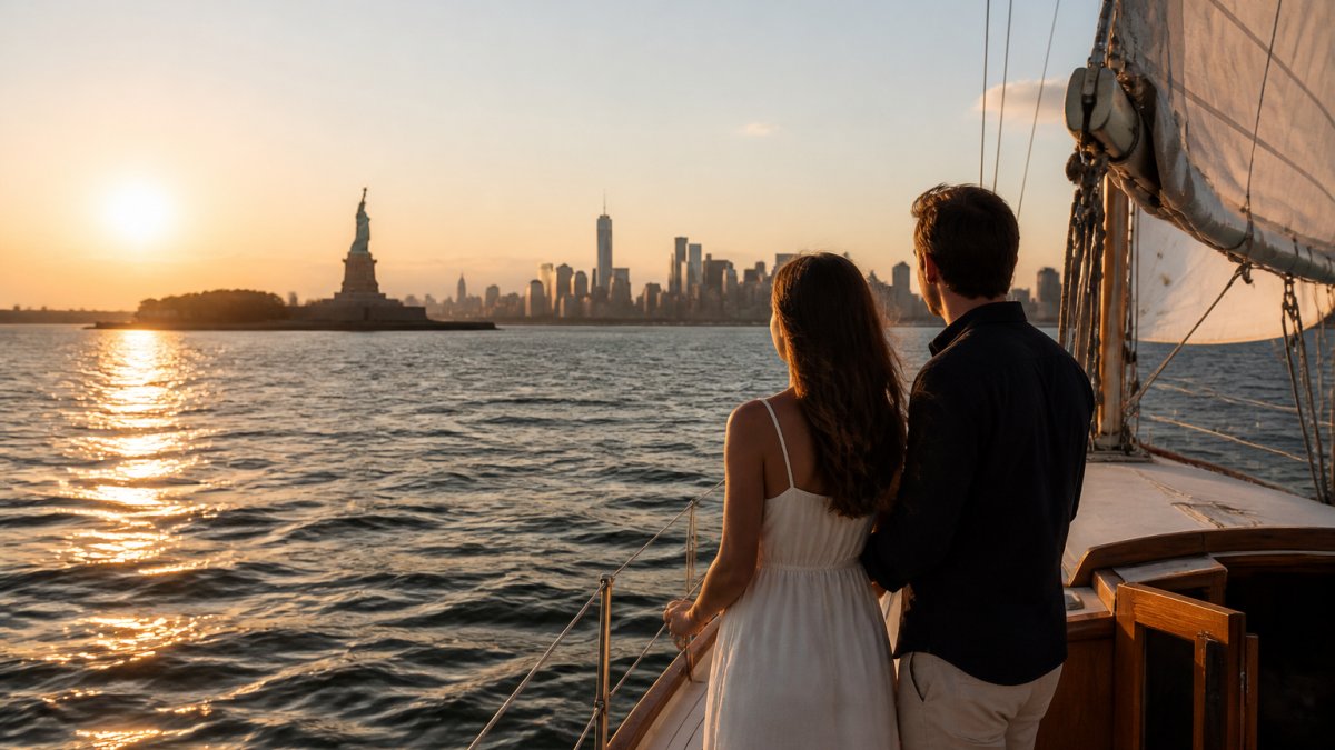 A couple standing at the railing of a classic sailboat at golden hour, Manhattan skyline and the Statue of Liberty in the background, warm sunlight reflecting on the water