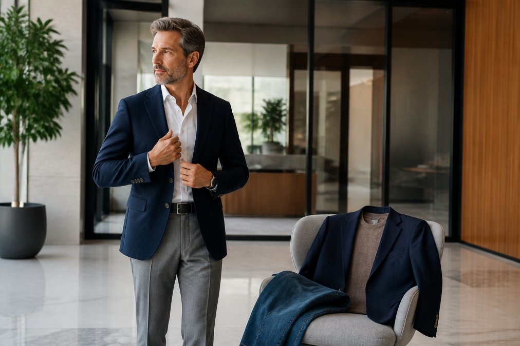 Man in a navy blazer and grey trousers adjusting his lapel in an office with a casual outfit on a nearby chair