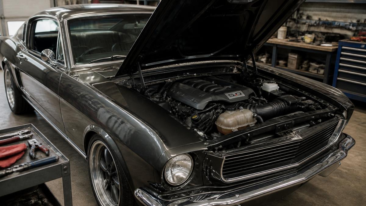 A classic Mustang fastback with the hood open, a modern Coyote 5.0L V8 engine installed, clean wiring and hoses visible, photographed in a well-lit garage with tools nearby
