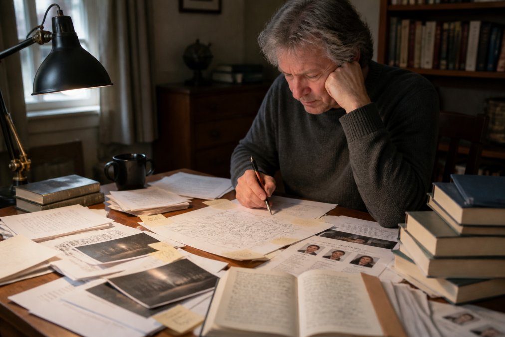 Writer at wooden desk surrounded by manuscript pages, character profiles, and research materials, studying a complex plot diagram with focused intensity under warm desk lamp