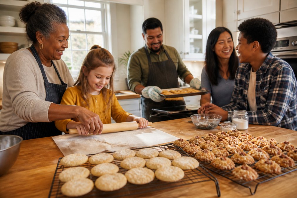 A multigenerational group in a sunlit home kitchen: a Black grandmother in an apron guiding a young white girl rolling teacake dough, a Latino father lifting a tray of golden cookies from the oven, an Asian mother and a Black teenage boy laughing at the counter, cooling racks of teacakes and coconut pecan cookies in the foreground, warm natural window light, candid and lifelike