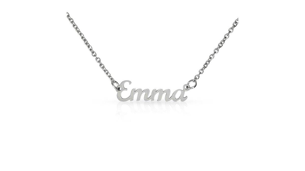 Close-up of a woman's neck wearing a delicate cursive name necklace, soft natural light, neutral background, focus on the jewelry detail