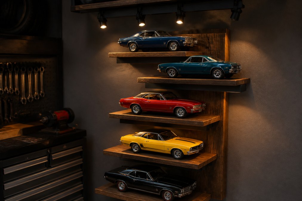 A home garage wall featuring a wooden display shelf with five diecast classic muscle cars arranged at varying heights with warm LED track lighting highlighting the paint details and chrome, dark background making the vehicles stand out