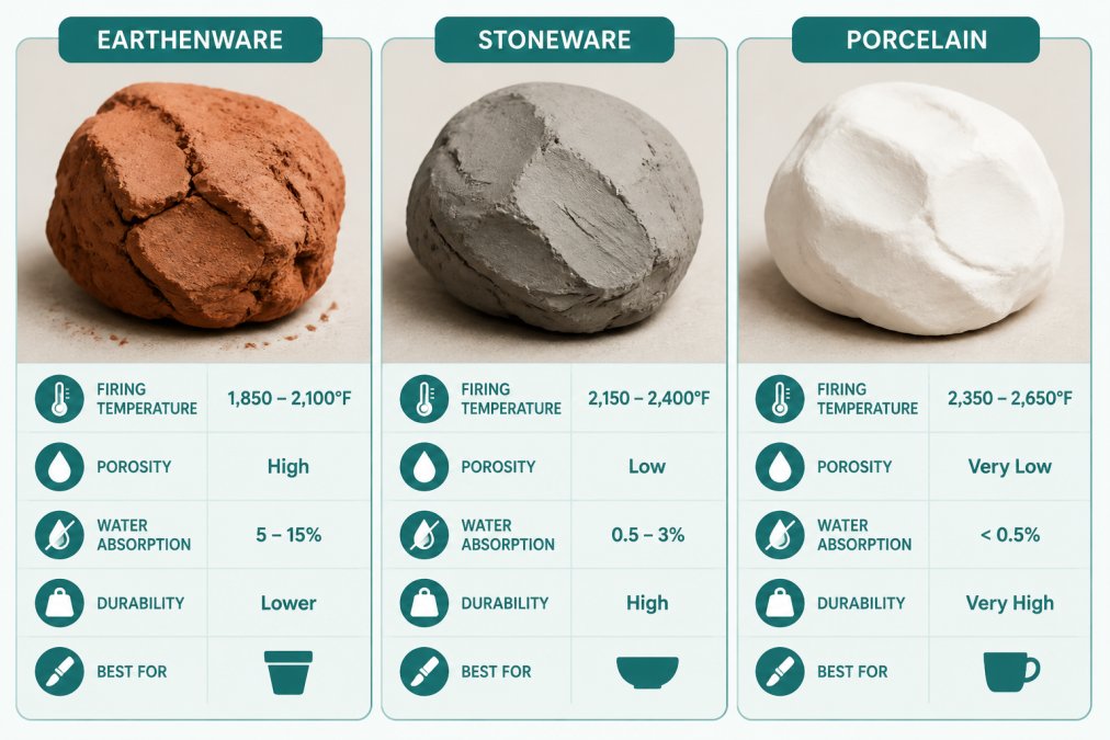 Close-up of three clay samples showing distinct colors and textures: reddish earthenware, gray stoneware, and white porcelain arranged side by side on a neutral surface with natural lighting