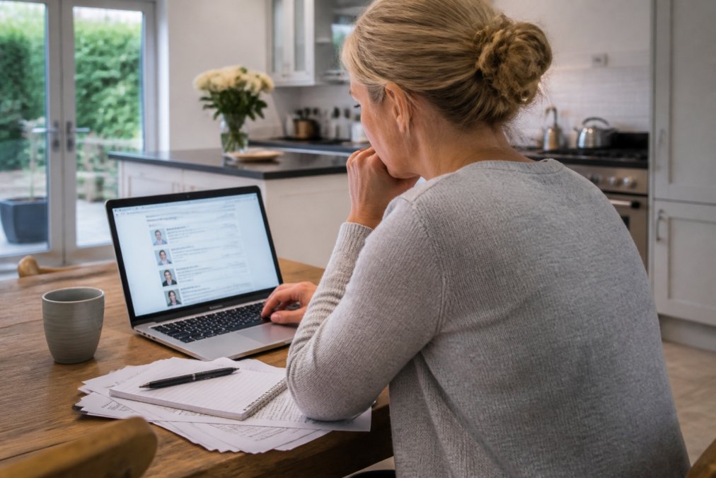 A person sitting at a kitchen table with a laptop open, scrolling through a lawyer search website, with a notepad and pen beside them and house-buying paperwork visible