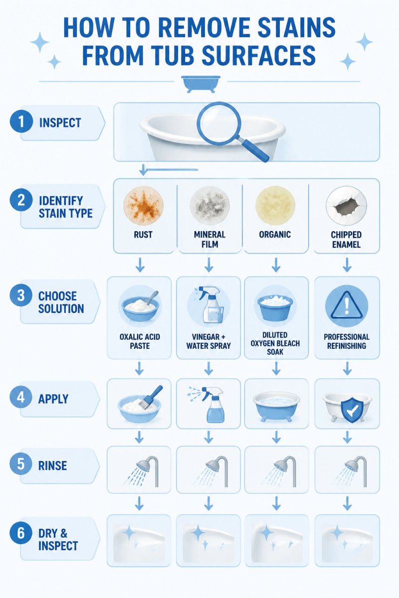 Decision flowchart for stain removal: rust stain leads to oxalic acid paste, mineral film leads to vinegar and water spray, organic stain leads to diluted oxygen bleach soak, with a warning box for chipped enamel leading to professional refinishing
