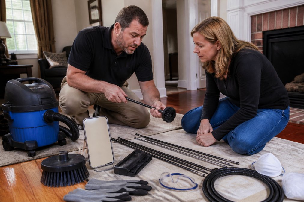 Laid-out collection of duct cleaning tools including HEPA vacuum, soft-bristle brush kit, inspection mirror, flexible rods, and safety equipment arranged on work surface
