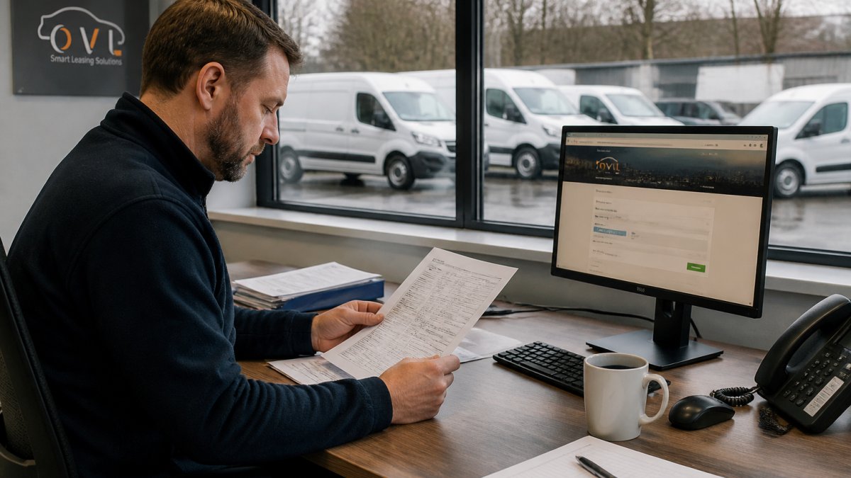 Fleet manager at desk reviewing vehicle registration documents and payment portal on computer screen, with van fleet visible through office window