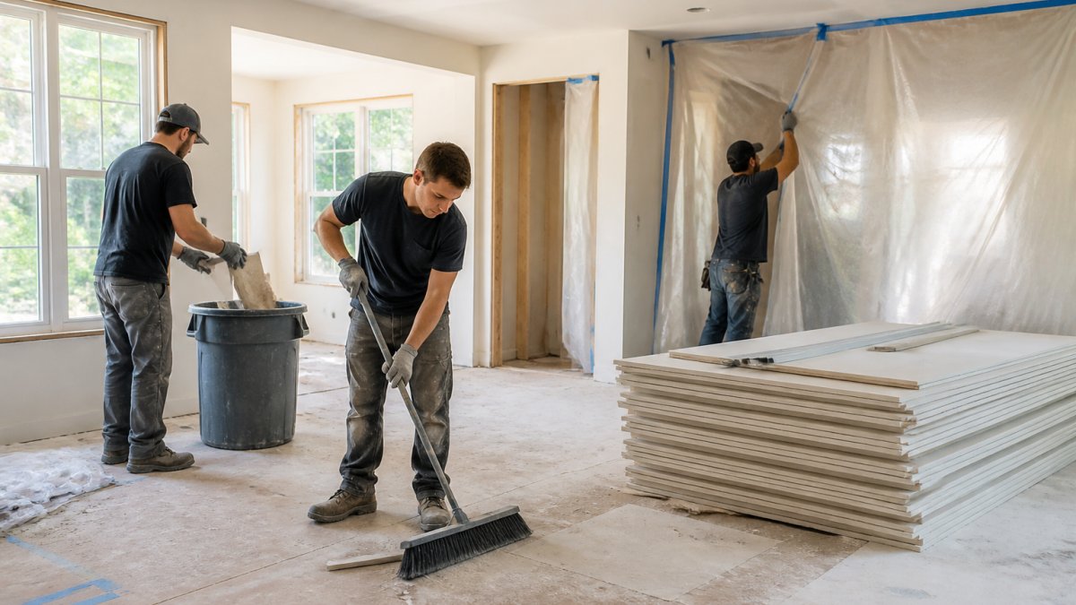 Construction crew member sweeping and organizing a residential renovation site at end of day, with workers removing debris into bins, stacking drywall neatly, and sealing work areas with plastic sheeting in bright natural light