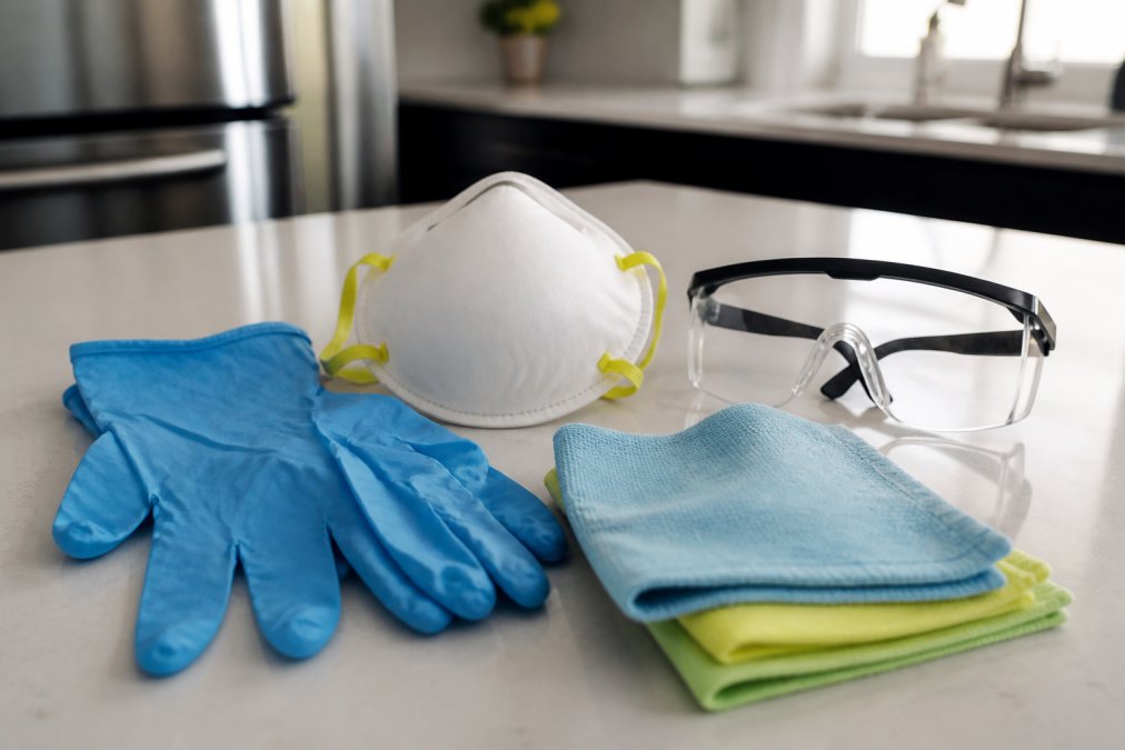 Nitrile gloves, N95 mask, and cleaning supplies ready to clean apartment after roach extermination