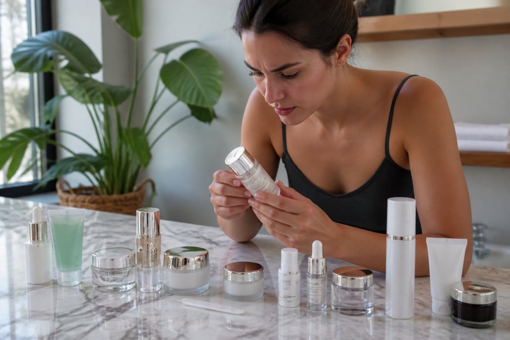 Woman examining skincare product labels and ingredient lists in natural daylight, leaning over a marble counter with multiple bottles and jars arranged before her, reading text carefully with focused attention