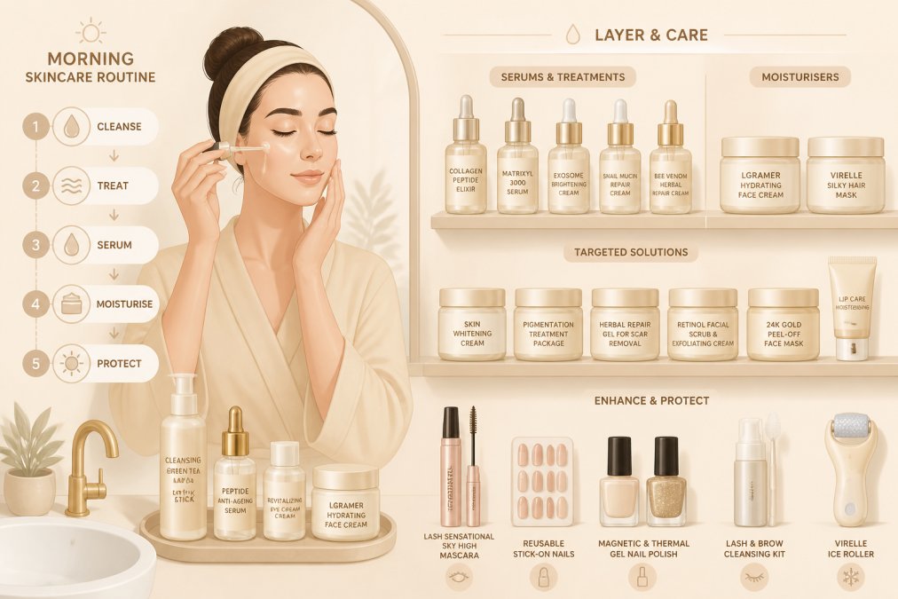 Woman applying layered skincare products as part of morning routine, with serums, moisturisers, and targeted treatments arranged on minimalist bathroom shelf in soft natural light, showing intentional ritual and product selection
