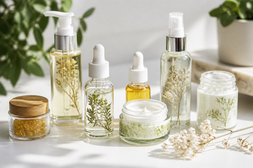 Close-up of skincare product bottles and jars with clean labels and transparent packaging showing natural ingredients on a minimalist white surface with soft natural lighting