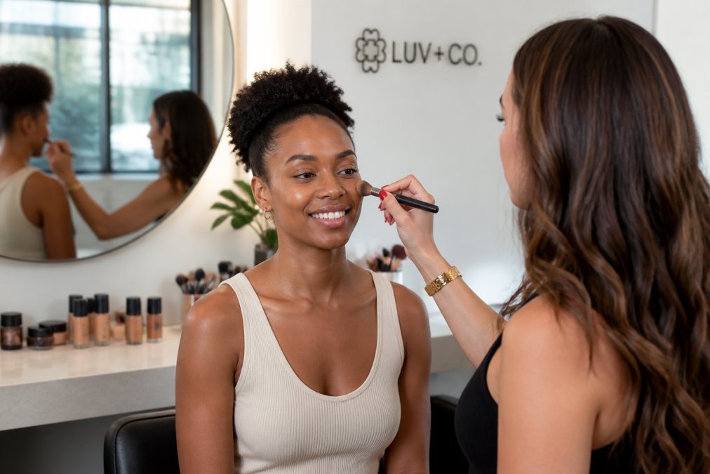 A Black woman with sensitive skin sitting in a bright, modern cosmetics studio, smiling as a makeup artist applies foundation with a brush. ## How to Prepare for a Makeup Consultation Bring these to your appointment: - Your current foundation, concealer, or tinted moisturizer - Any products that have irritated your skin before - Photos of looks you like, especially in natural lighting - A note on your skincare routine and how your skin behaves in winter versus summer :::tip Book your [shade match