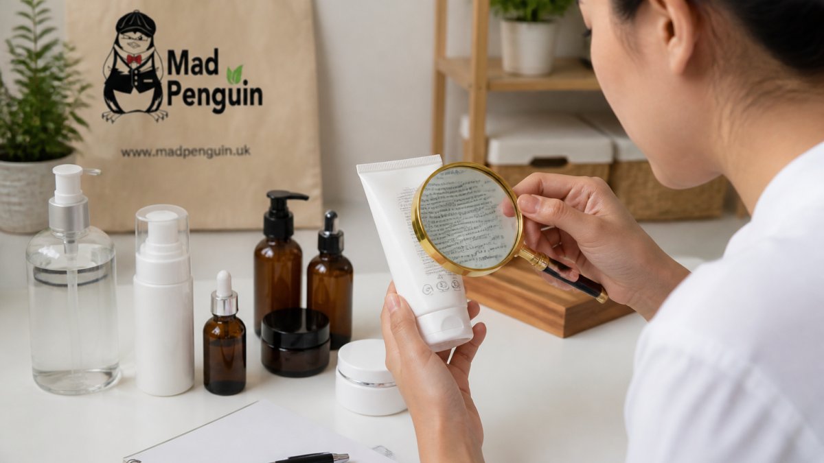 Close-up of a person examining skincare product labels and certification seals with a magnifying glass on a clean white surface, with various skincare bottles arranged in front