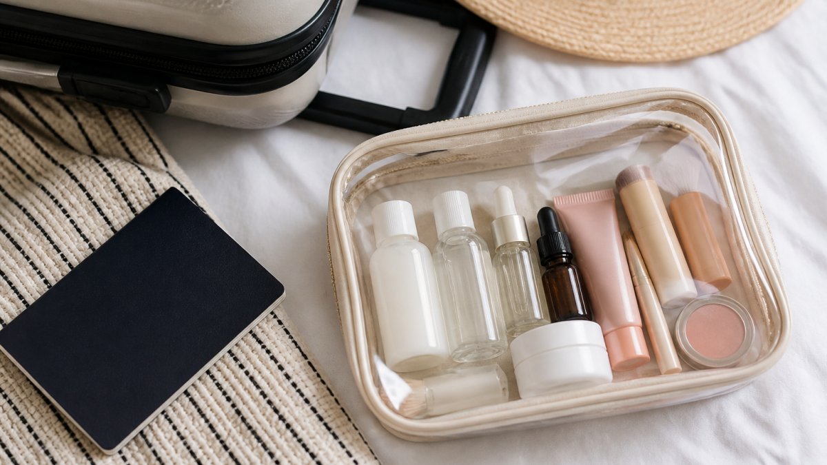 Travel-sized skincare and makeup items organized inside a clear toiletry bag next to a passport and luggage.