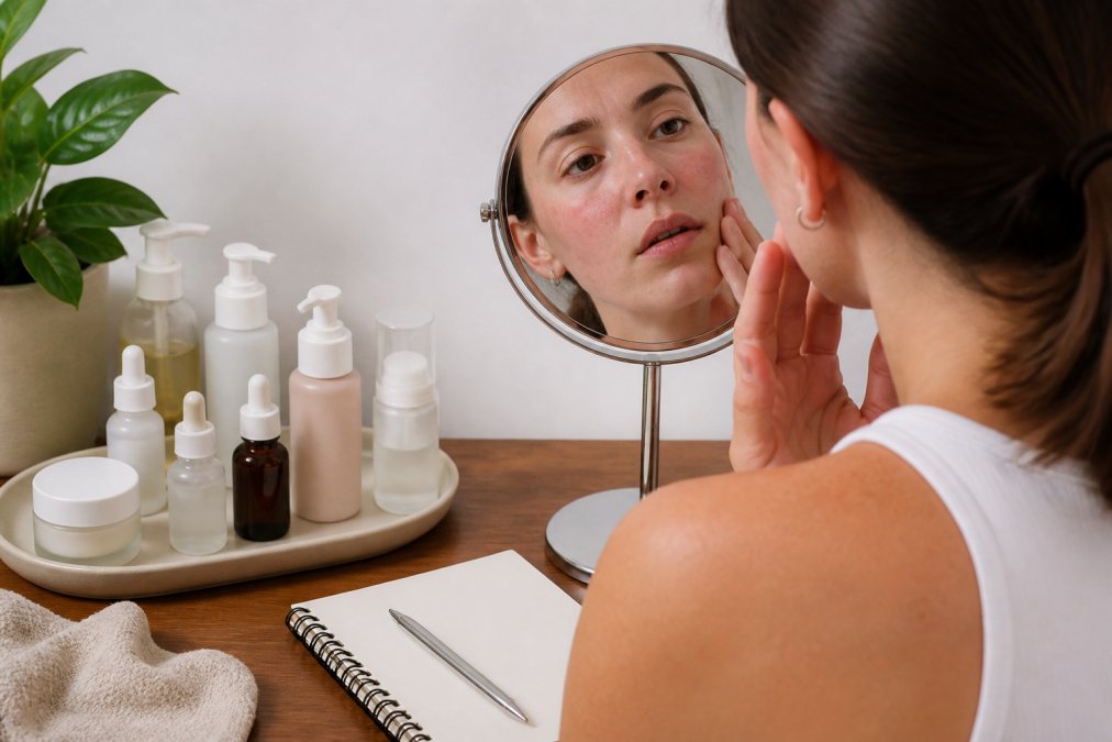 Close-up of someone examining their skin in a mirror, looking at redness or irritation, with a notepad nearby for tracking trigger observations